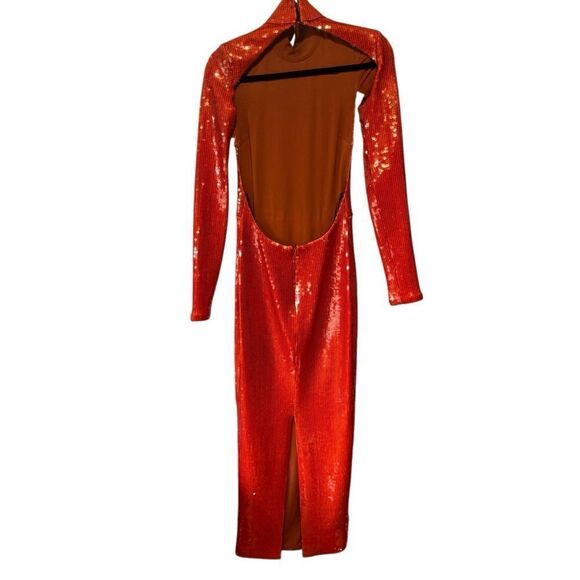 Revolve LaQuan Smith Orange Sequin Mock Neck Long Sleeve Cutout Column Gown L - Picture 7 of 10